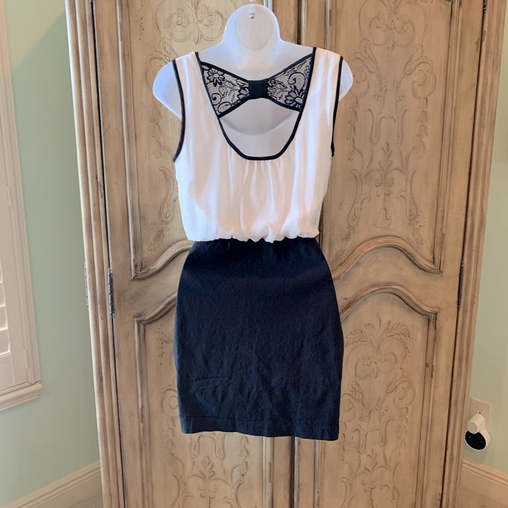 BCX Dress Mini Black & White Cutout Open Back Blouson Slip Size Small